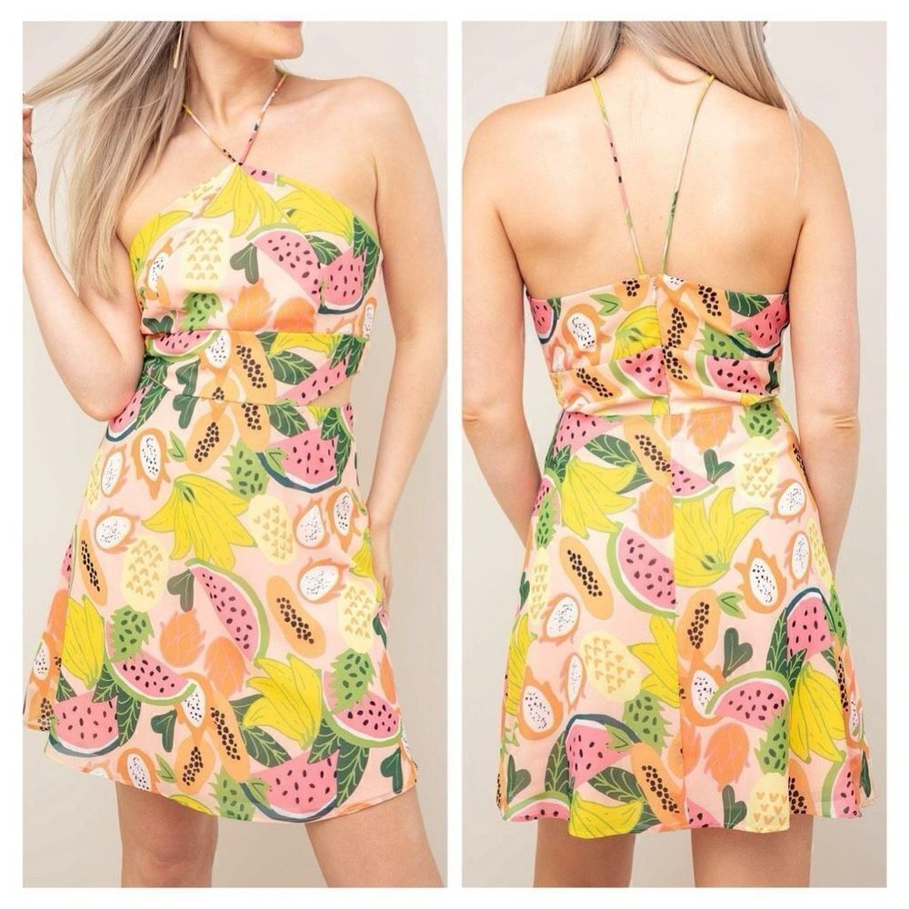 Hutch By Anthropologie Mixed Fruit Halter Dress Size Medium New See Measurements